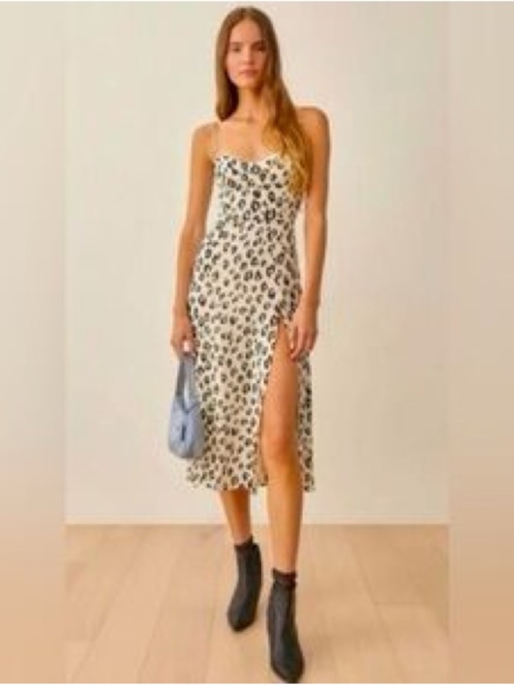 Reformation Cream Leopard-Print Spaghetti Strap Midi Dress